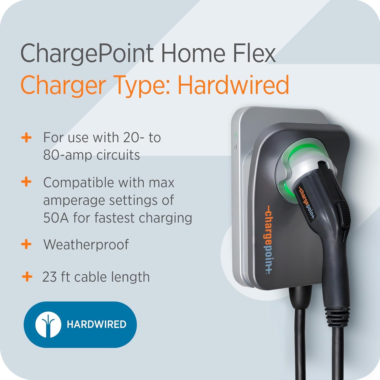 Level 2 240V Smart Home Flex Hardwire Outdoor Charging Station and Cable for 20-80A Circuit Breaker for Electric Cars, Gray