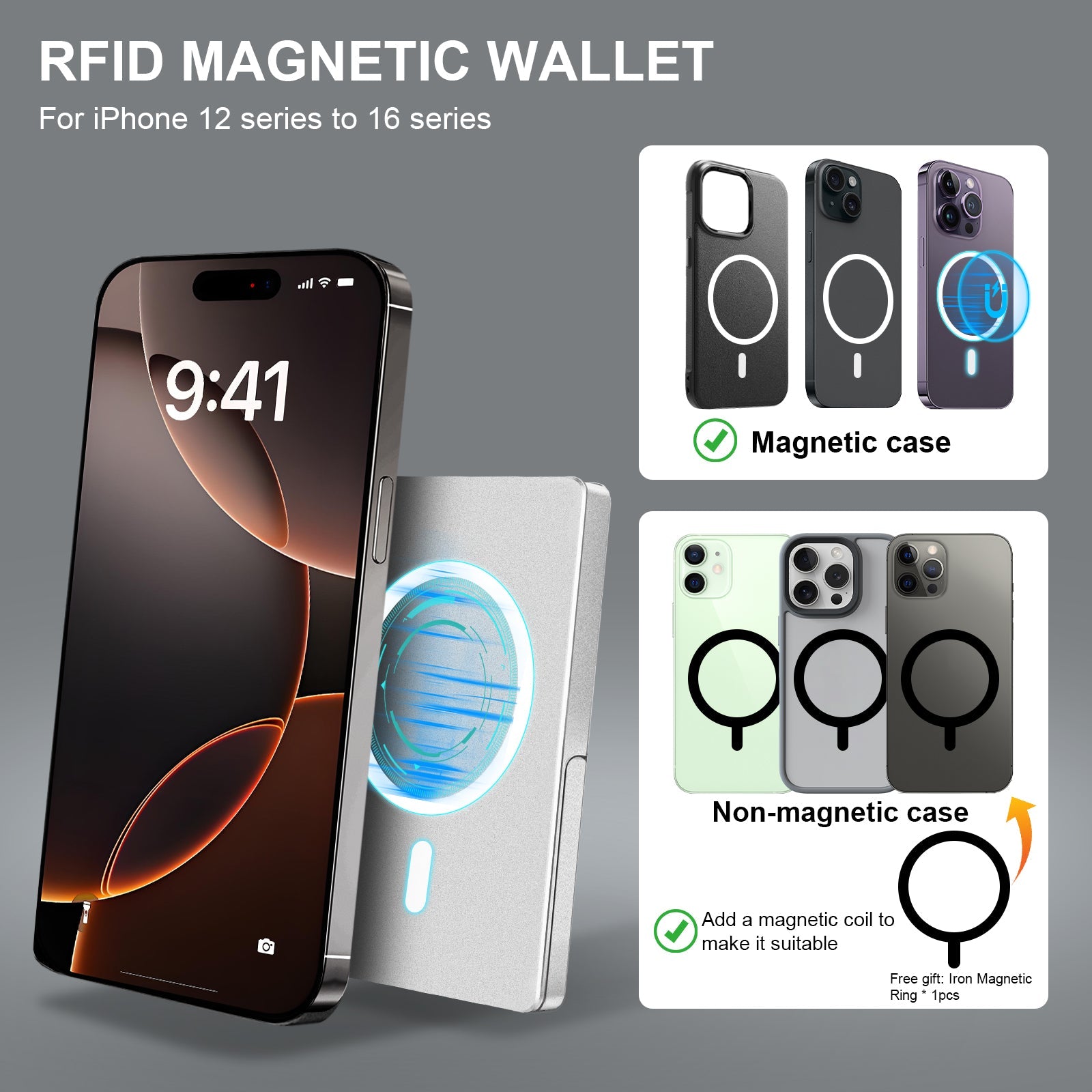 Portefeuille RFID MagSafe Aluminium avec Support Réglable – 4 Cartes, iPhone 12+