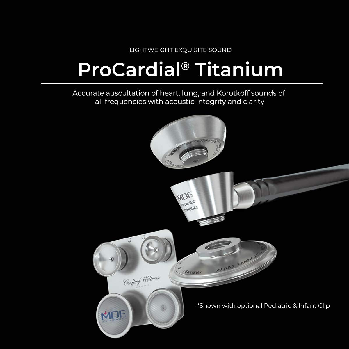 , Procardial Cardiology Stethoscope, Lightweight Titanium, Adult, Dual Head, Black Tube, Black Chestpiece-Headset, MDF797TBO11