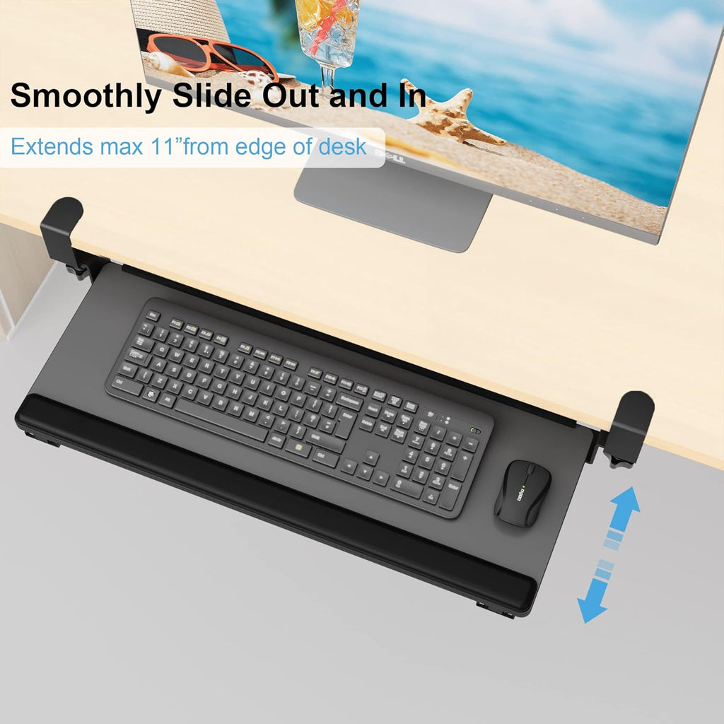 Keyboard Tray under Desk Slide Out,Keyboard Drawer Clamp on Keyboard Tray with Wrist Rest Keyboard Holder for Home Office School 26" (30" Including Clamps) X 10" Dark Gray