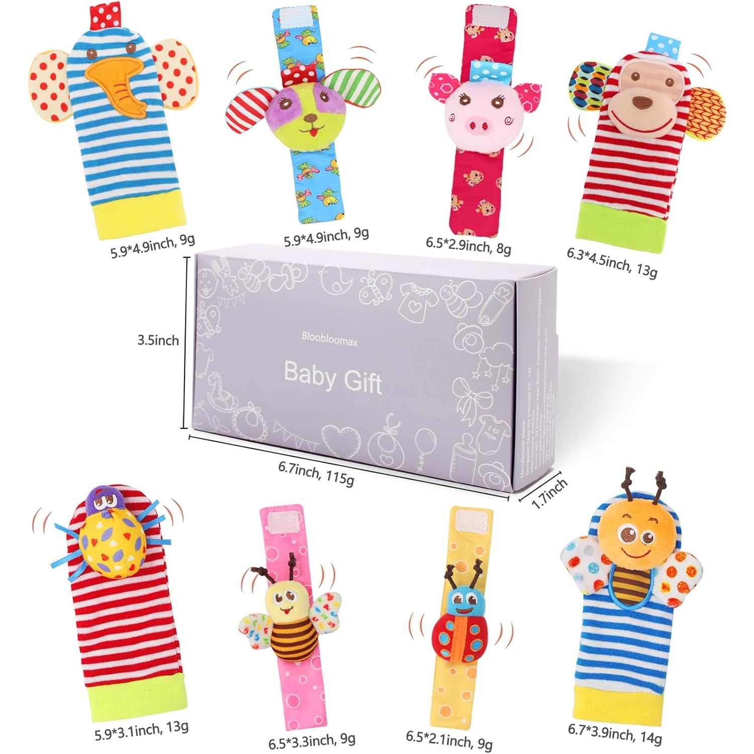 Soft Baby Rattle Wrist Rattle Foot Finder Socks Set,Cotton and Plush Stuffed Infant Toys,Birthday Holiday Birth Present Gift for Newborn Boy Girl Kids Toddler (8Pcs-B Set)