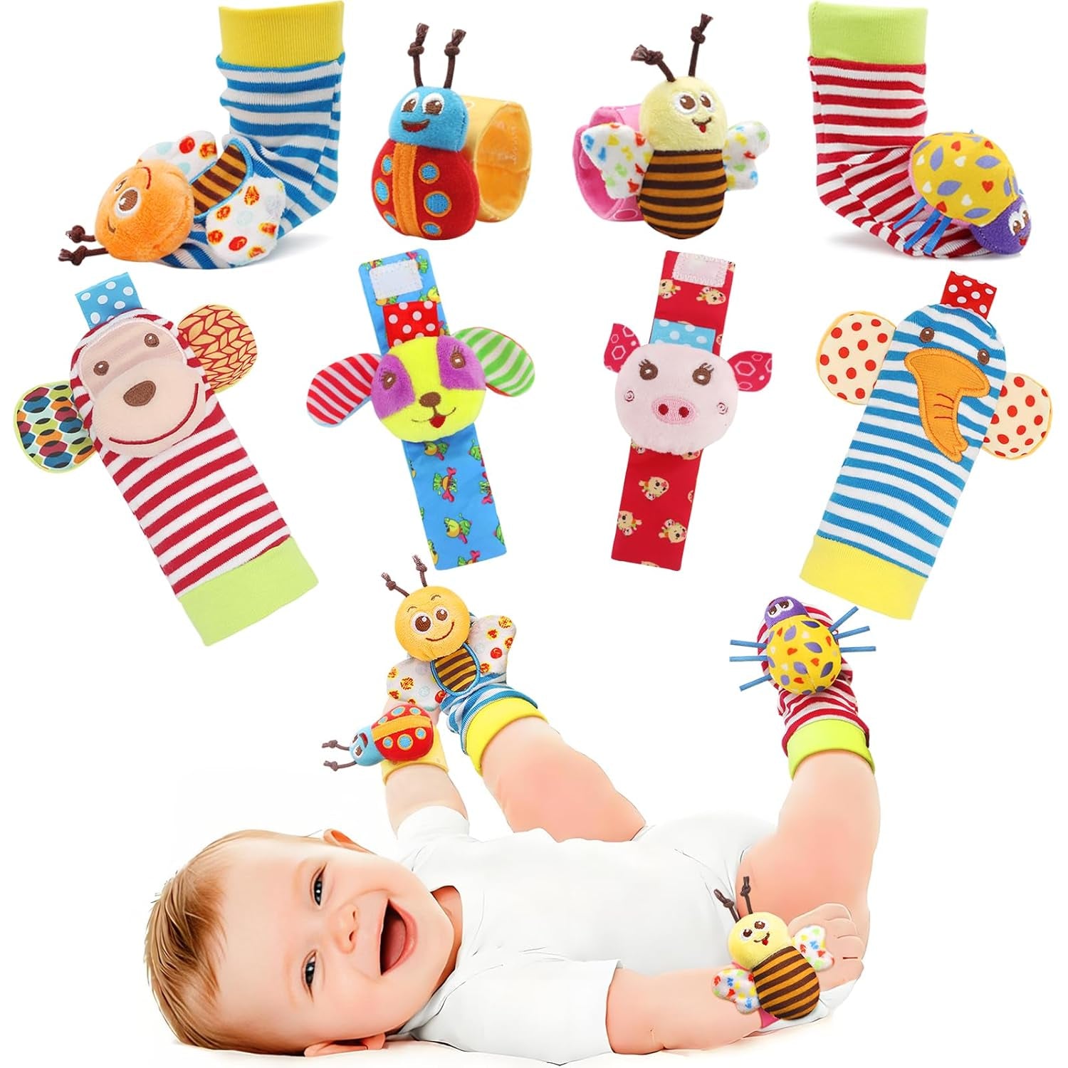 Soft Baby Rattle Wrist Rattle Foot Finder Socks Set,Cotton and Plush Stuffed Infant Toys,Birthday Holiday Birth Present Gift for Newborn Boy Girl Kids Toddler (8Pcs-B Set)