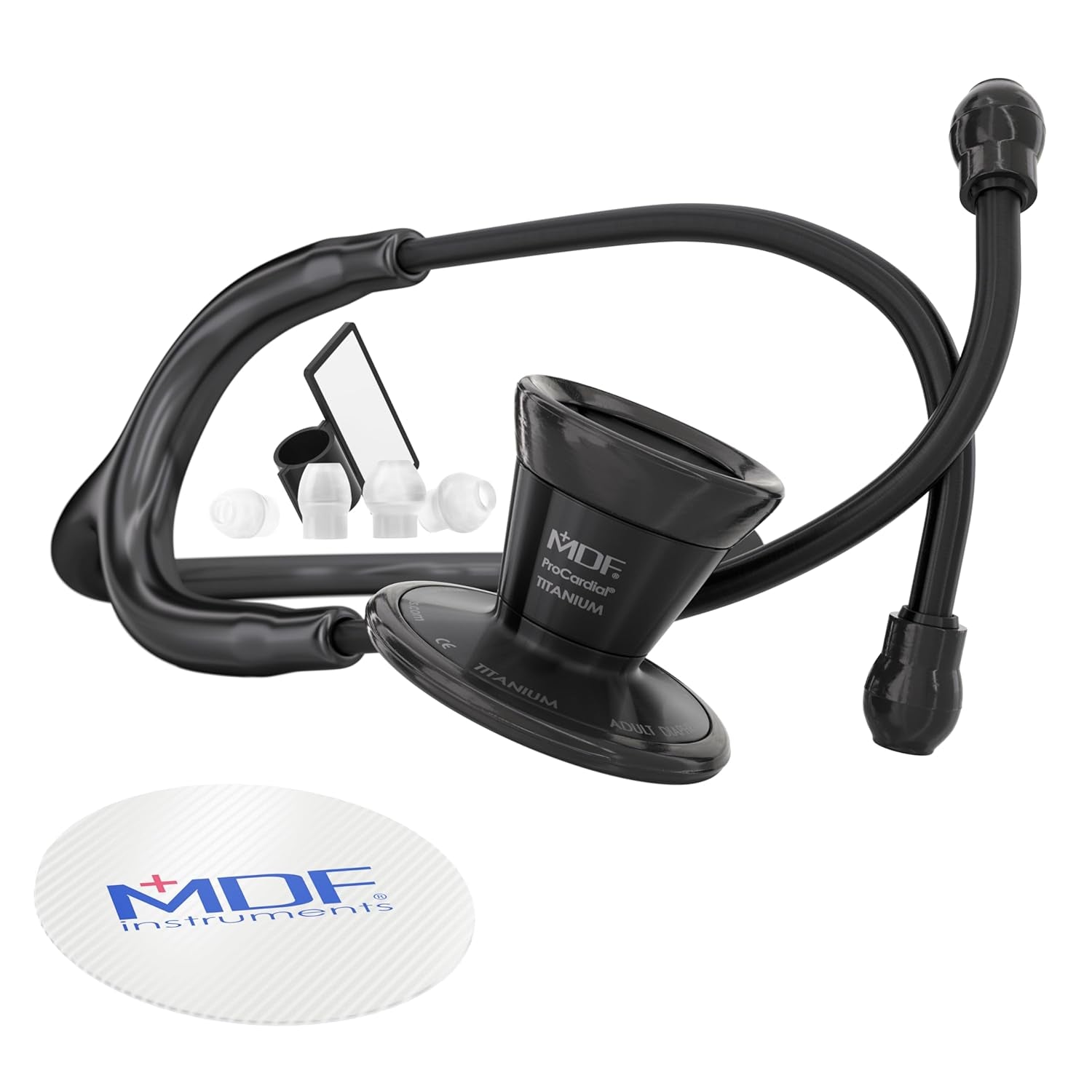 , Procardial Cardiology Stethoscope, Lightweight Titanium, Adult, Dual Head, Black Tube, Black Chestpiece-Headset, MDF797TBO11